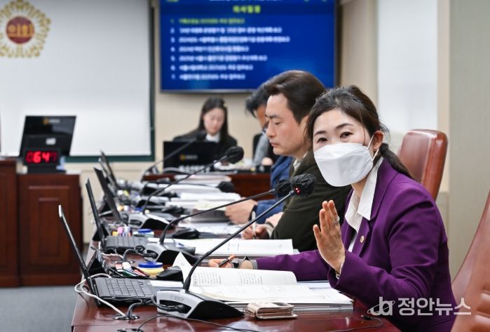 구미경 의원이 서울특별시의회 기획경제위원회 제328회 임시회 회의에서 질의를 하고 있다.