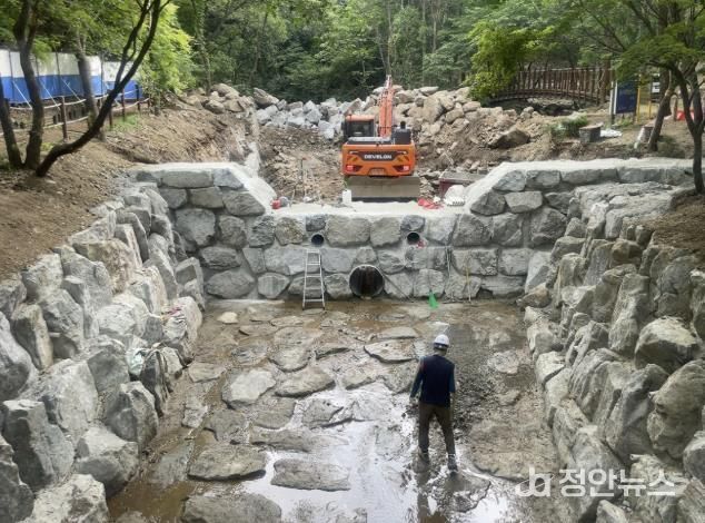 상광교동 사방댐에서 사방사업 공사가 진행되는 모습