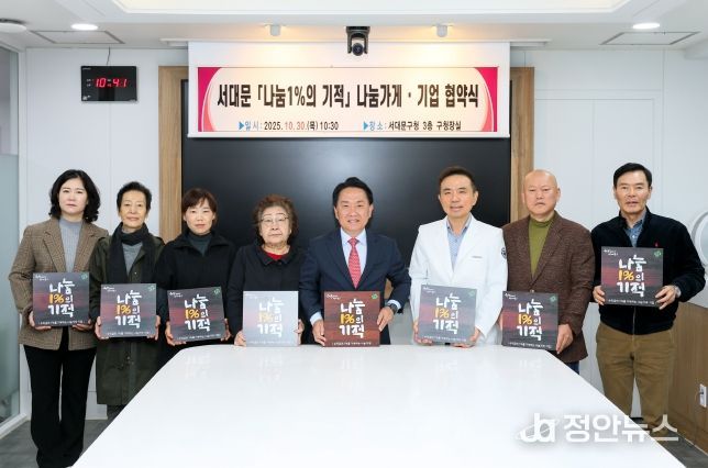 ‘서대문 나눔1%의 기적’ 나눔가게 협약식에서 이성헌 구청장(오른쪽 네 번째)과 참여 업체 대표들이 현판을 들고 기념 촬영을 하고 있다.