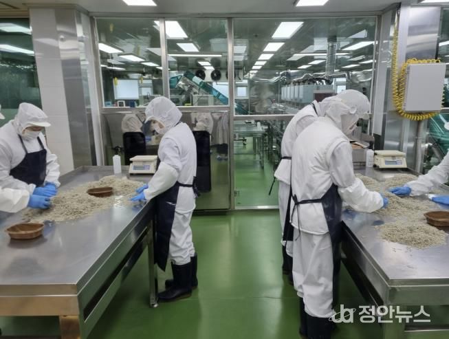 수산물 공급업체에서 학교급식 공급 예정인 식자재를 확인하고 있다.