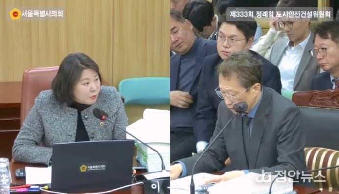 서울특별시의회 제333회 정례회 도시안전건설위원회 행정사무감사에서 이은림 의원(국민의힘, 도봉4, 왼쪽)이 물순환안전국장에게 질의하고 있다.