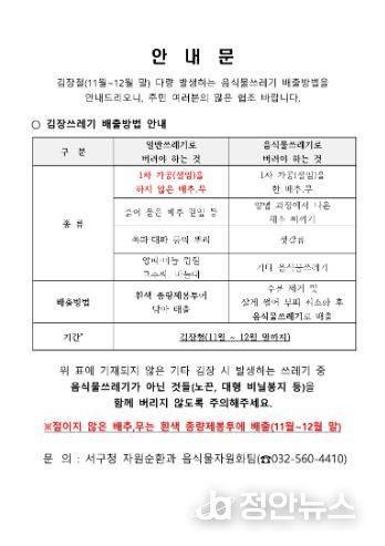 인천 서구, 김장철 ‘김장쓰레기’ 종량제 봉투 배출 한시적 허용