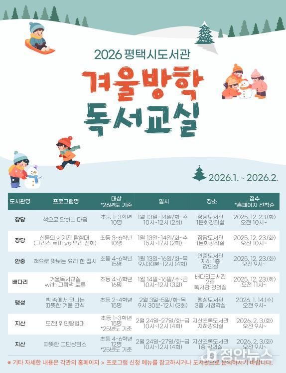 2026년 평택시 도서관 ‘겨울방학 독서교실’ 운영
