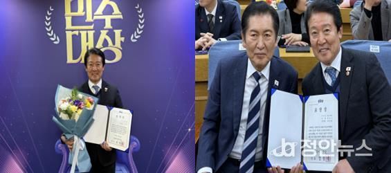 전경선 전남도의원이 14일 국회의원회관 대회의실에서 개최된 ‘민주대상’ 시상식에서 수상한 사진(좌)과 수상 후 정청래 더불어민주당 대표와 함께 기념촬영(우)을 하고 있다.