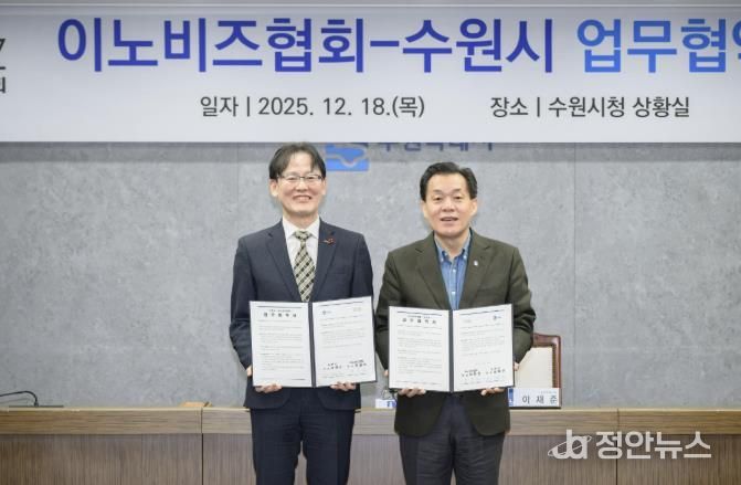 이재준 수원시장(오른쪽)과 이노비즈협회 정광천 회장이 협약 후 기념촬영을 하고 있다.