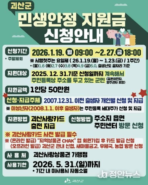 괴산군, 군민 1인당 50만 원 지급…19일부터 민생안정지원금 신청·접수