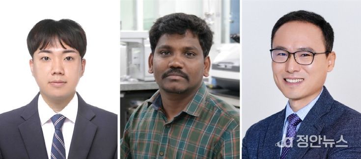 경상국립대학교 박사과정 정시언 씨, 라자 아루무감 센틸 박사, 최명룡 교수(왼쪽부터)