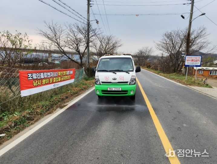 천안시 방역 차량이 AI 유입 차단을 위해 철새도래지 인근 도로를 집중 소독하고 있다.