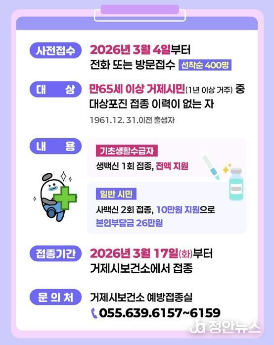 거제시, 65세 이상 대상포진 예방접종 비용 첫 지원