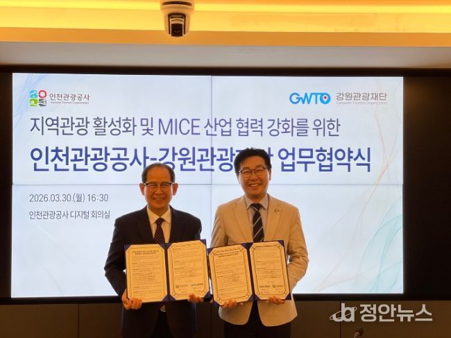 업무 협약 체결식 (왼쪽부터) 유지상 인천관광공사 사장, 최성현 강원관광재단 대표이사